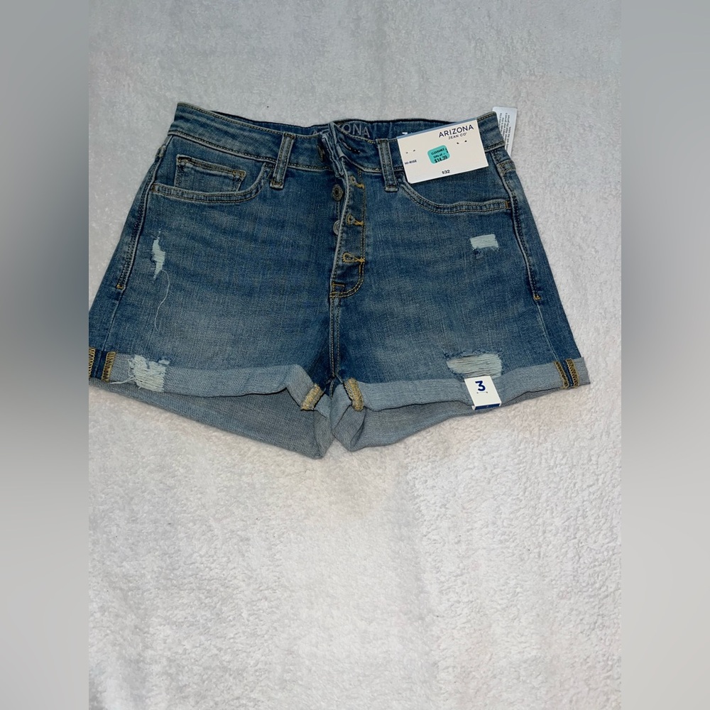 High Rise semi distressed jean shorts